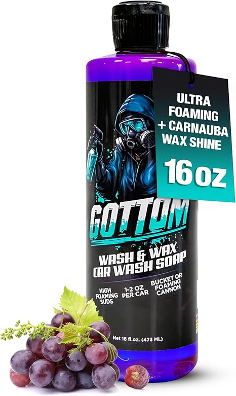 Gottom Car Wash Soap & Wax, (16 oz), Frozen Grape Scent - Ultra Foaming Car Shampoo for Foam Cannon & Bucket Wash, Carnauba Wax Formula for a Glossy Finish, High Suds & Safe for Paint